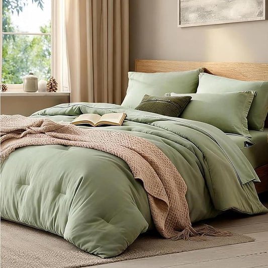 WRENSONGE Twin/Twin XL Comforter Set- 5 Pieces Sage Green Bed in a Bag, All Season Twin Bedding Sets with 1 Fitted Sheet, 1 Flat Sheet, 1 Pillow Sham and 1 Pillowcase