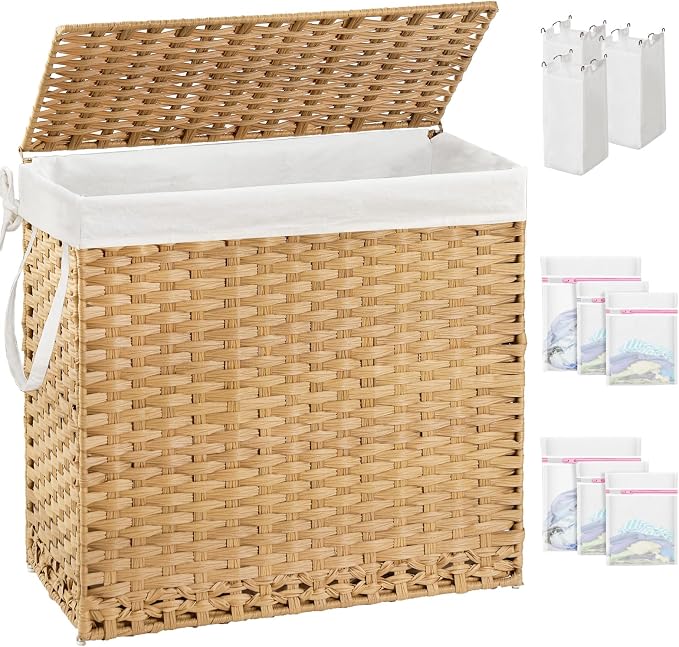 SETVSON Laundry Hamper with Lid Laundry Basket 132 L (35 Gal) Wicker Clothes Hamper, Handwoven Rattan Hamper with Handles and 4 Removable Liner Bags, 6 Mesh Bags for Laundry Bedroom Natural by SETVSON