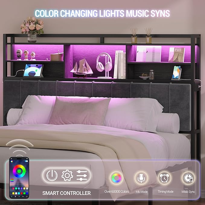 Hzuaneri Headboard with 3-Tier Storage Shelves, Velvet Upholstered Head Board with 2 Outlets, USB Ports & LED Light, Soft Backrest for King Size Bed, Black BH19404B
