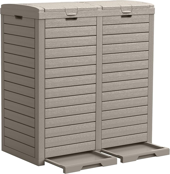 DWVO 76 Gallon Outdoor Resin Trash Can with Dual Lid and Drip Trays, 248 Quart Hideaway Garbage Bin for Porch, Backyard, Deck, Patio, Poolside, Easy Maintenance, 30.7''L x 16.3''W x 33.9''H (Taupe) by DWVO