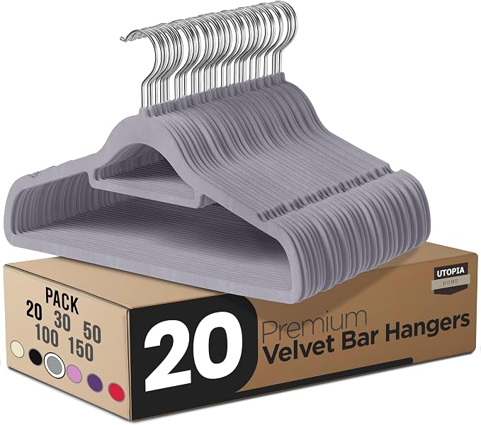 Utopia Home Premium Velvet Hangers 20 Pack - Non-Slip Clothes Hanger with Tie Bar - Grey Hangers with 360 Degree Rotatable Hook - Heavy Duty Coat Hanger by UTOPIAHOME