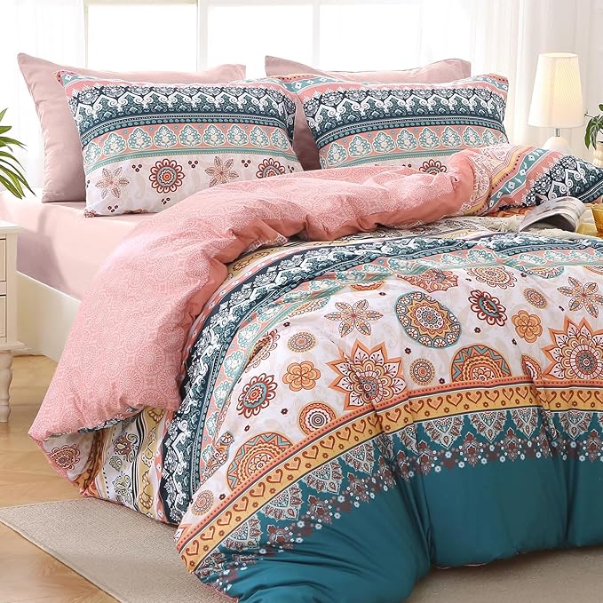 MUXHOMO Full Comforter Set, Bohemian Elegant Floral Print Bed in a Bag 7 Pieces, Ultra Soft & Breathable Reversible Botanical Pattern Bedding Set with Comforter, Sheets, Pillowcases, and Shams