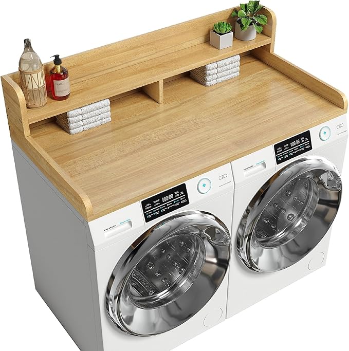 2-Tier Washer Dryer Countertop with 2.75"H Edge Rails, 54" W x 27.55" D Laundry Countertop for Folding Clothes, Washer and Dryer Topper with Non-Slip Pad (Pure Wood Color) by Corbyles