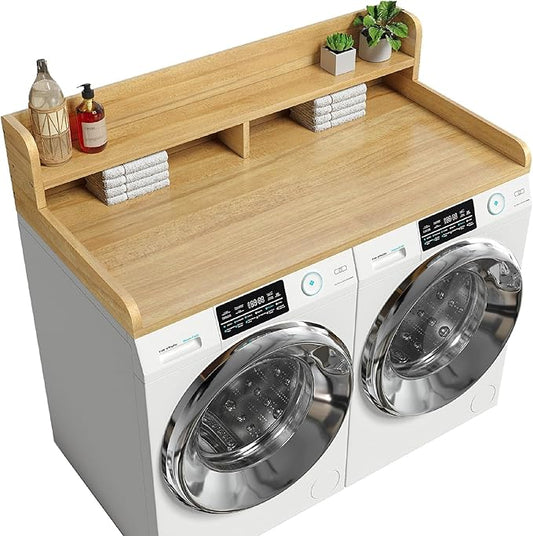2-Tier Washer Dryer Countertop with 2.75"H Edge Rails, 54" W x 27.55" D Laundry Countertop for Folding Clothes, Washer and Dryer Topper with Non-Slip Pad (Pure Wood Color) by Corbyles
