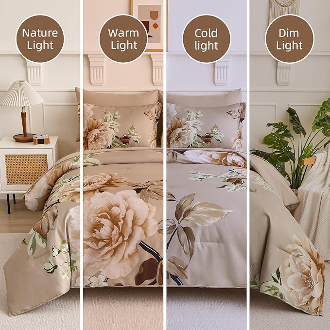 Drucon Floral Comforter Set King Size 7 Pieces Bed in a Bag, Khaki Floral Bedding Set, Soft Microfiber Comforter and Sheet Set for All Season (King, 104"x90")