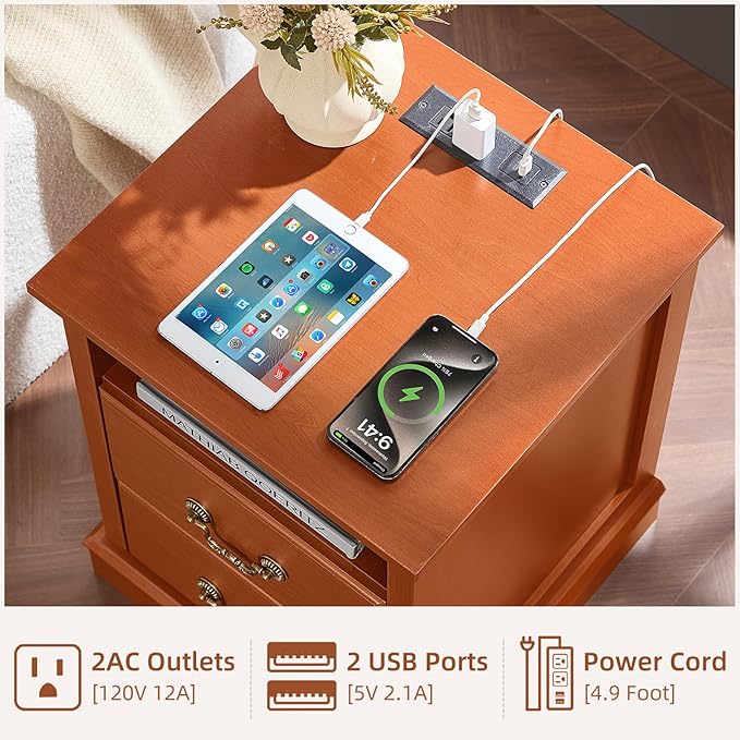 Farmhouse Dressers & Night Stand Set of 3,54" Wide 7 Drawer Dresser,18" Wide 2 Drawers End Table with Charging Station Set of 2,Furniture Dresser Sets for Home Caramel