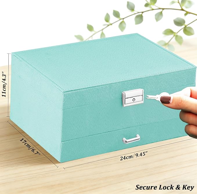 QBestry 3-Layer Jewelry Box for Girls & Teens with Lock and Key, Large Jewelry Organizer with 8 Necklace Hooks & 56 Earring Holes, Teal Velvet Jewelry Storage Box for Necklaces Earrings Rings Bracelet - Image 9