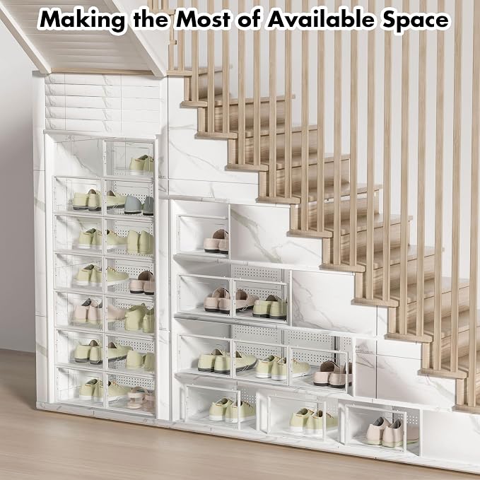 Foluck Shoe Storage Box, 15 Pack Clear Plastic Stackable Shoe Organizer for Closet, Interlocking Design Shoe Container Bins for Sneakers, Foldable Shoe Rack with Lids, White - Image 7