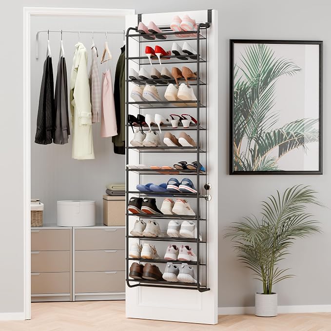 Whitmor 36 Pair Over The Door Shoe Organizer, 12 Tier Hanging Shoe Organizer, Heavy Duty Metal & Mesh Shoe Holder, Hanging Shoe Rack for Closet Organizer, 69"L x 21.7"W x 7.5"H, Matt Gunmetal by Whitmor