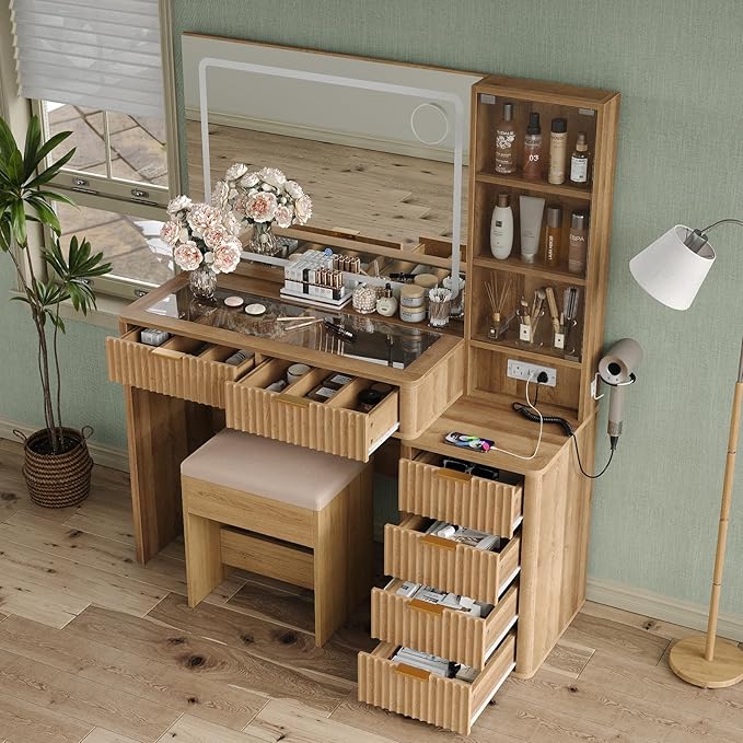Fluted Vanity Desk with 3-Color LED Mirror, 43.3" Makeup Vanity with Glass Top & Glass Door, 6-Drawer Wood Vanity with Charging Station, Includes Vanity Stool, Natural Oak