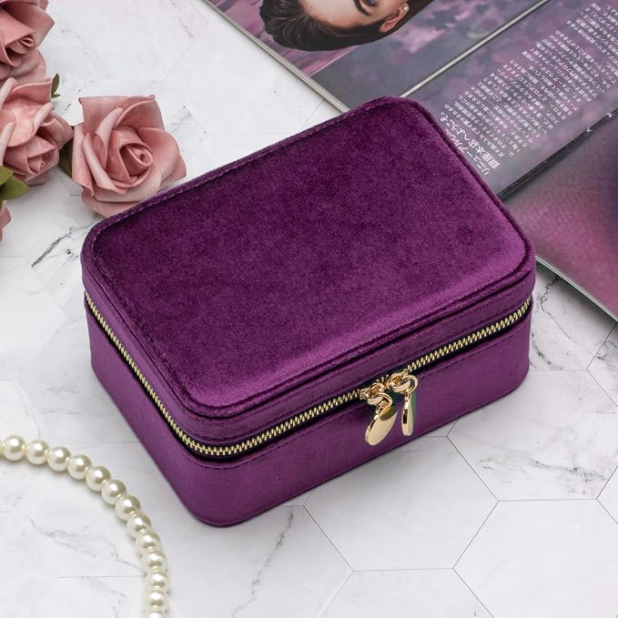 Velvet Travel Jewelry Organizer Box with Zipper Around Portable Accessory Display Tray Holder Storage Case for Multiple Earrings Rings Necklaces Bracelets (Purple) - Image 2
