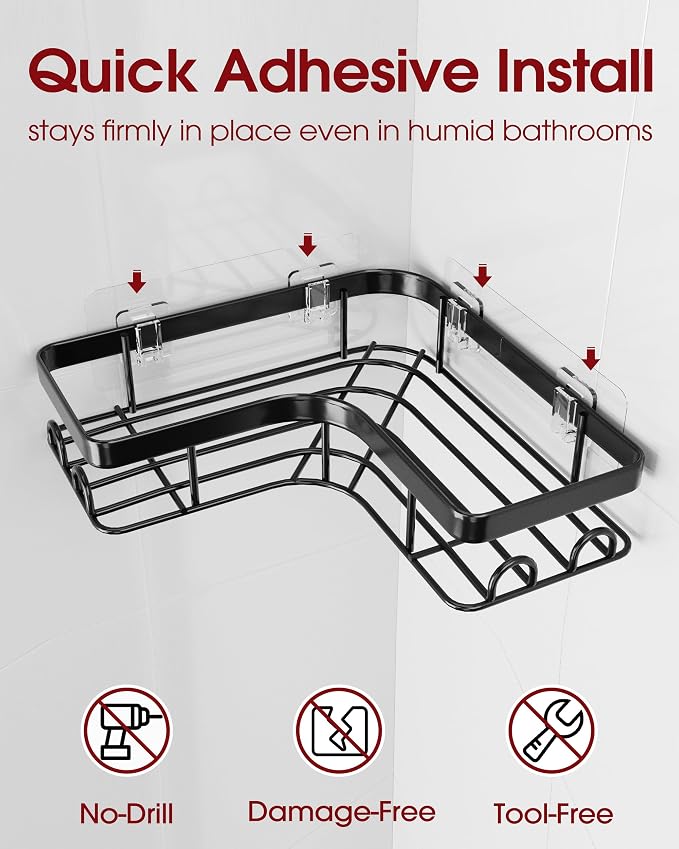 Sakugi Corner Shower Caddy - 3-Pack Shower Organizer with Soap Holder & Built-In Hooks, Rustproof Metal Shower Shelves, Laundry, Kitchen, Bathroom Organizers and Storage Solution, Large, Black - Image 6