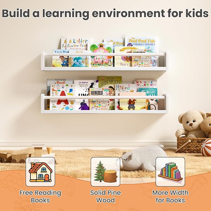 upsimples 2 Pack Nursery Book Shelves, 23.6 Inch Floating Bookshelves for Wall, Baby Nursery Decor, Small Solid Wood Wall Mounted Shelves for Baby Kids Boys Girls, White - Image 4