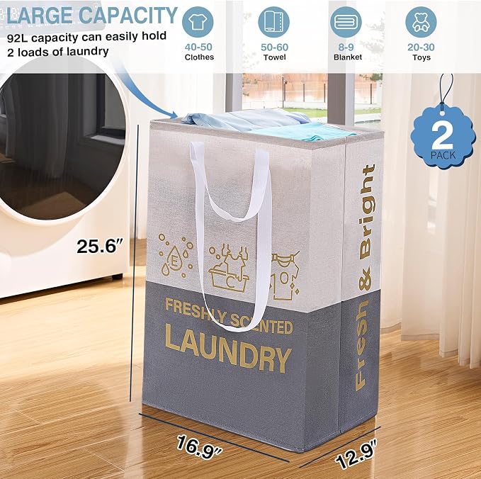 ELONG HOME 2 Pack Laundry Baskets, 92L Freestanding Laundry Basket with Handles, Waterproof Tall Collapsible Clothes Hamper for Dorm, Bedroom, Bathroom - Image 3