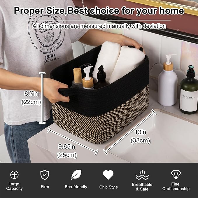 OIAHOMY Woven Storage Basket for Shelves, Rectangle Cotton Rope Baskets for Organizing, 13 x 10 x 9 in, Storage Bins for Dog Toys,Towel,Books,Gift,Black and Brown - Image 3