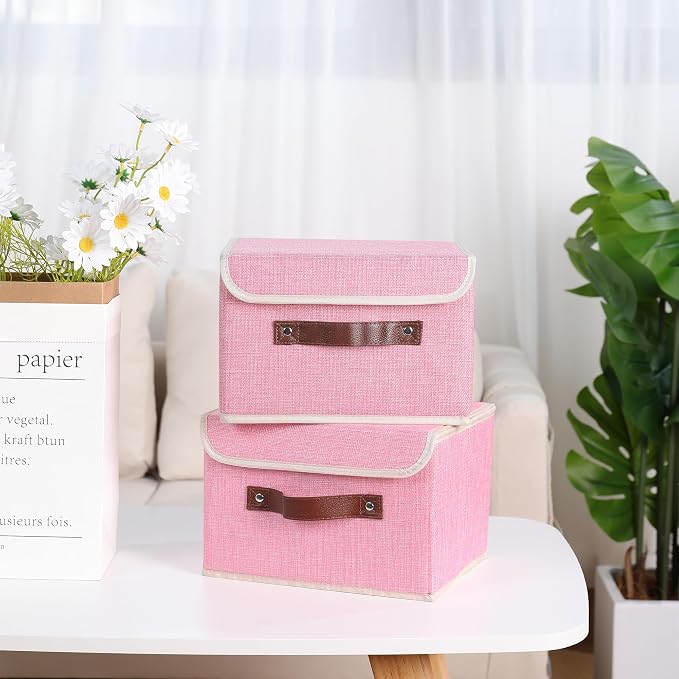 ANMINY Storage Bin with Lid Storage Boxes with PU Leather Handles PP Plastic Board Decorative Foldable Lidded Cotton Linen Fabric Home Cubes Baskets Closet Organizer Container - Pink, Medium - Image 2