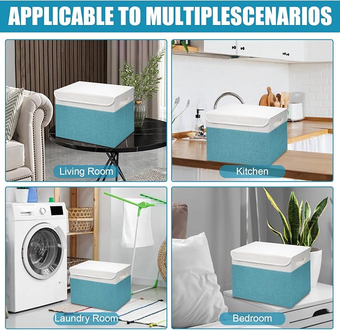 Large 17" 42 Quarts Collapsible Stackable Storage Bins with Lids [3-Pack] Foldable Fabric Linen Storage Boxes Cube, Closet Organizer Baskets with Label for Home (16.7 x 12 x 12", Teal & White) - Image 7