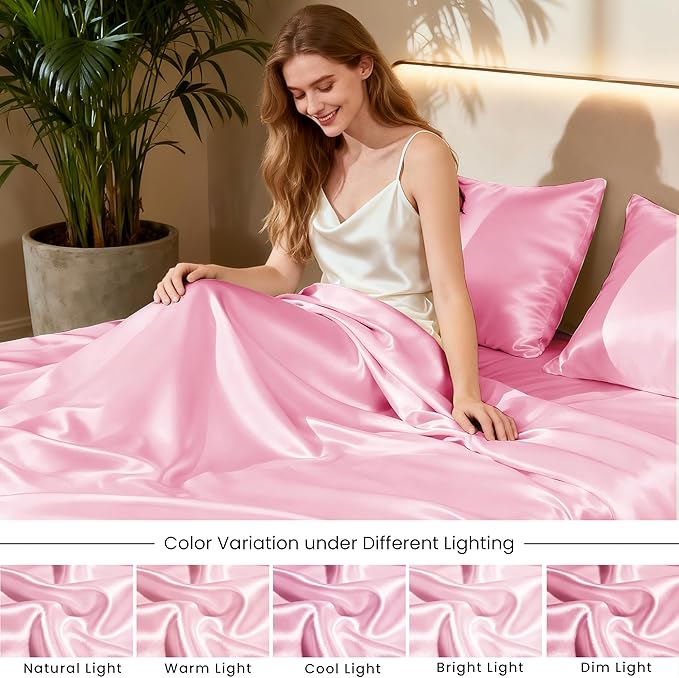 Love's cabin Satin King Sheet Sets - 4 Piece Pink Silky Sheets King Size Bed Set with Deep Pocket, Luxury Silk Feel King Size Satin Sheet Set (1 Flat Sheet,1 Fitted Sheet,2 Pillow Cases)