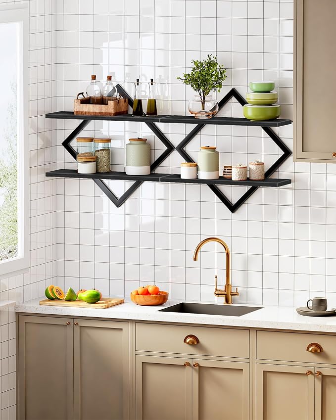 CHOEZON Floating Shelves, Set of 2 Wall Shelves, 2-Tier Hanging Shelves, Wall Shelf Set of 2, Wall Mounted Shelves, for Living Room, Bedroom, Kitchen, Office, Study, Black TBJ01P2BB - Image 7