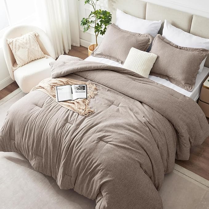 CozyLux King Size Comforter Set - 3 Pieces Khaki Soft Luxury Cationic Dyeing Bedding Comforter for All Season, Breathable Lightweight Fluffy Bed Sets with 1 Comforter and 2 Pillow Shams