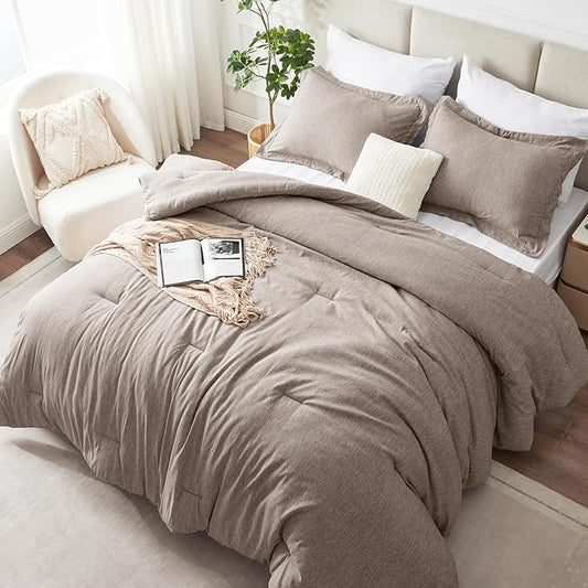 CozyLux King Size Comforter Set - 3 Pieces Khaki Soft Luxury Cationic Dyeing Bedding Comforter for All Season, Breathable Lightweight Fluffy Bed Sets with 1 Comforter and 2 Pillow Shams