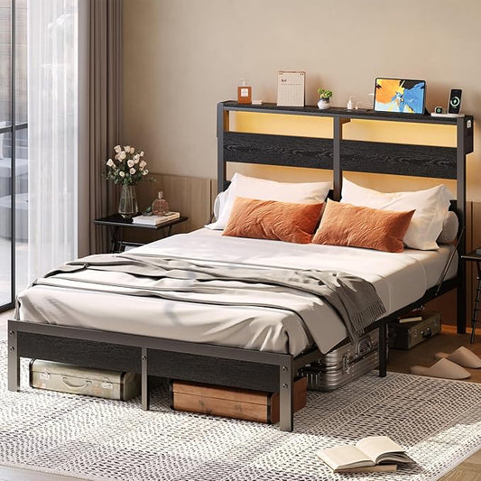 Bestier Queen Size Bed Frame with Headboard and Charging Station, Black Queen Bed Frame with LED Light, Non-Slip Platform Bed Frame Queen Size, Noise-Free, Easy Assembly, Black