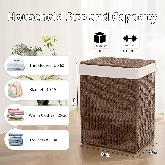 OIAHOMY Laundry Hamper with Lid, 90L(23.8 Gal) Large Wicker Laundry Basket for Bedroom, Handwoven Paper Rope Clothes Hamper with Washable Liner & Metal Frame, Decorative Organizer for Bathroom Brown - Image 2