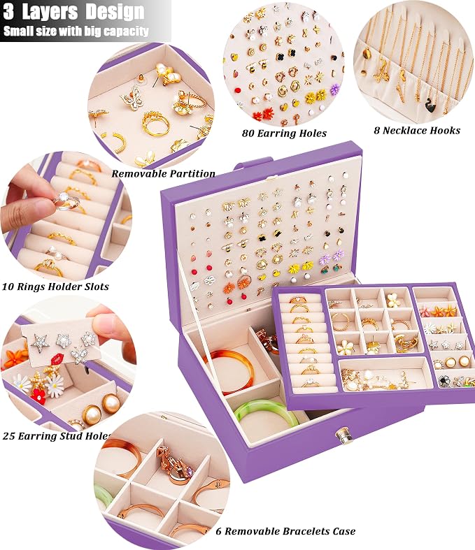 QBestry Girls Jewelry Box for Earrings Jewelry Organizer Box Teen Girls Earrings Organizer Jewelry Box with Earring Holder Organizer Stud Earring Box for Girls Womens Jewelry Case Organizer Purple - Image 2