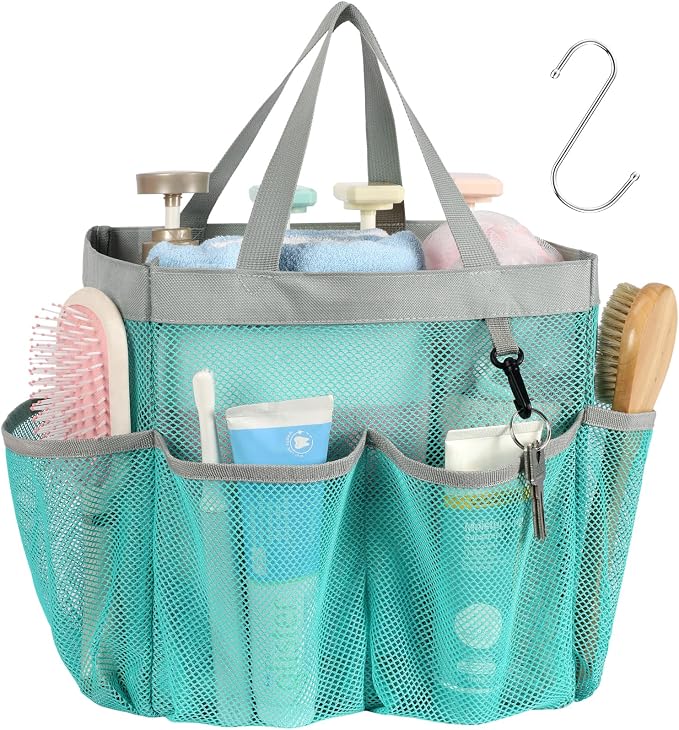 F-color Mesh Shower Caddy Portable, Upgrade Deeper 7 Pockets Shower Bag Basket Bag for College Dorm Room Toiletry Bathroom Essentials Gym Camp Quick Dry 2 handles with S Hook, Mint Green by F-color