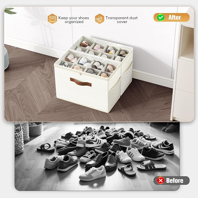 Budding Joy 2 Pack Shoe Organizer for Closet, Clear Foldable Shoe Storage Containers Adjustable Dividers Fits 16 Pairs,Shoe Storage Bins Baskets Boxes with Reinforced Handles Beige - Image 2