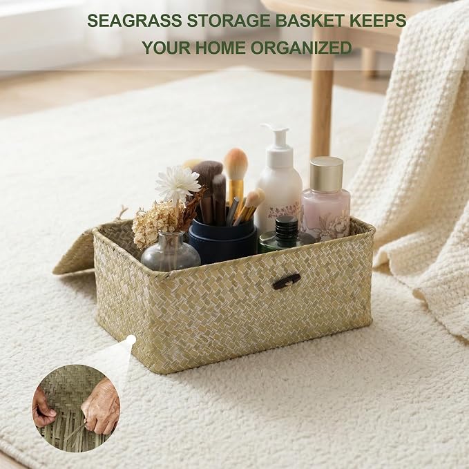 Nonam Storage Basket with Lid, Natural Seagrass Bin with Lid Set of 3, Shelf Baskets Multipurpose Container for Boho Decoration, Rectangular Household Storage Boxes for Home Organization-White - Image 4
