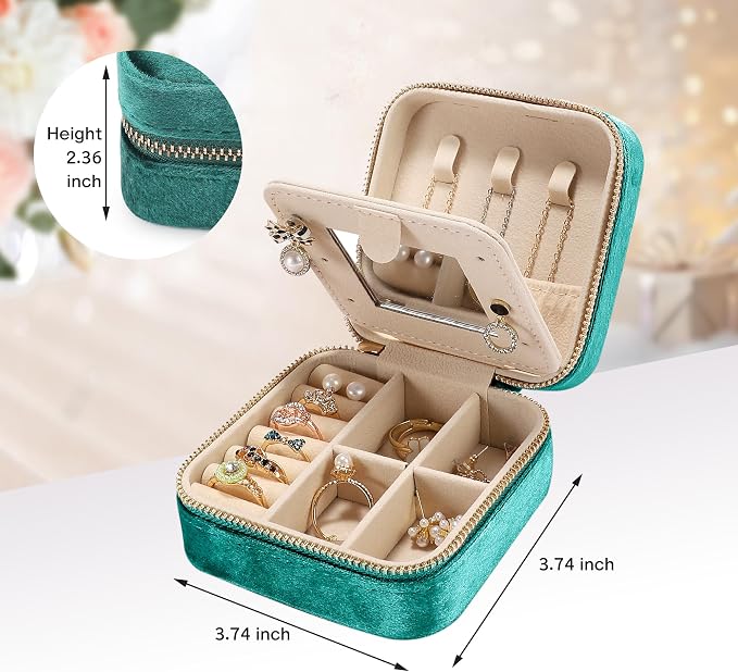 Plush Velvet Travel Jewelry Box for Women & Girls - Small Portable Organizer, Storage Case for Rings, Earrings, Necklaces & Bracelets – Ideal Gift for Travel & Occasions (Green) - Image 2