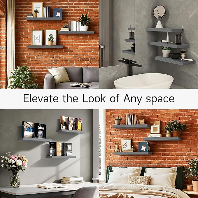BAYKA Grey Floating Shelves for Wall, Set of 3, Wall Mounted Rustic Wood Shelves for Bathroom, Bedroom, Living Room, Kitchen, Small Hanging Shelf for Books/Storage/Room Decor, 15.7in - Image 8