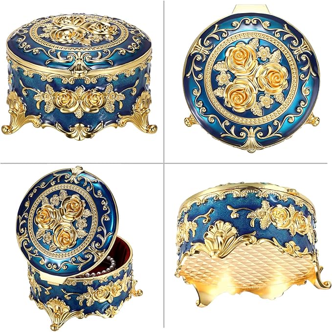 Hipiwe Vintage Jewelry Box Metal Keepsake Box Round Treasure Storage Case for Ring Earrings Necklace Holder Wedding Birthday Gift for Woman, Blue, 5.7" L x 5.1" W x 3.5" H - Image 8