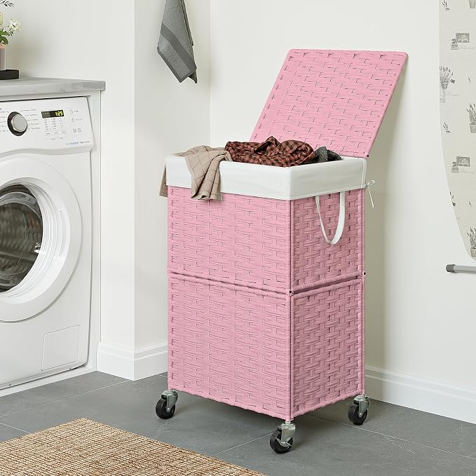 Chrislley 90L Slim Laundry Hamper with Wheels, Rolling Laundry Basket with Lid and Renovable Liner Bag, Handwoven Rattan Organizer for bedroom, bathroom, laundry room (Pink) - Image 2