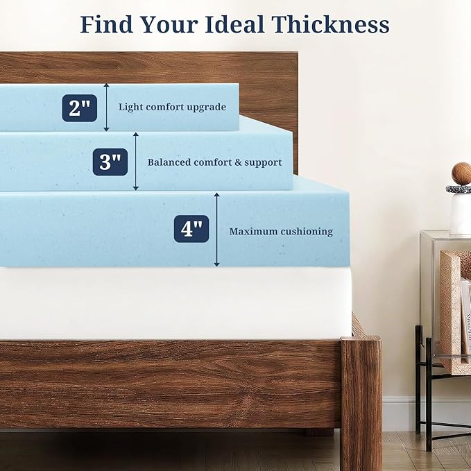 Twin Mattress Topper, 4 Inch Gel Memory Foam, Plush Comfort, Pressure Relief, Ventilated Breathable Design, CertiPUR-US Certified, Blue
