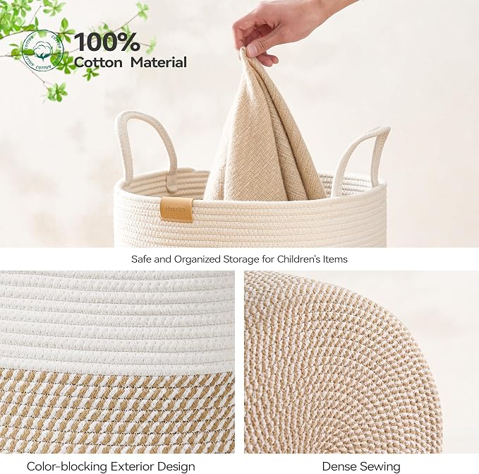 Nunsino Laundry Hamper 95L,Large Laundry Basket for Clothes,Decorative Storage Basket for Blankets,Cotton Rope Woven basket for bedroom,Brown White - Image 5