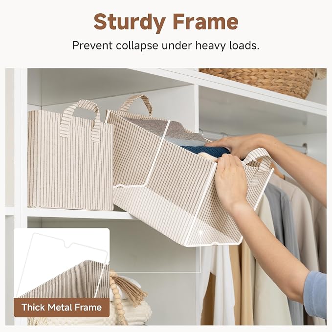 StorageWorks Storage Bins, Fabric Storage Bins for Shelves, Storage Baskets with Metal Frame, Closet Baskets and Bins with Handles, Khaki and Beige Stripes, 2-Pack - Image 4
