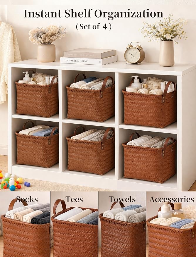 Hand Woven Baskets for Storage, 4Pcs Water-Resistant Wicker Baskets, Brown Wicker Storage Baskets for Shelves, Large Basket with Handle for Organizing, Clothes, Laundry, Blanket - Square - Image 3