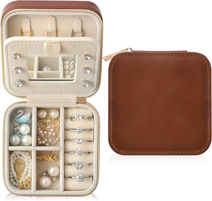 Genuine Leather Travel Jewelry Case Organizer with Mirror for Women, Small Jewelry Box Portable Mini Jewelry Case for Earring, Ring, Necklace, Bracelet（Milled Leather Brown） by NGVRC