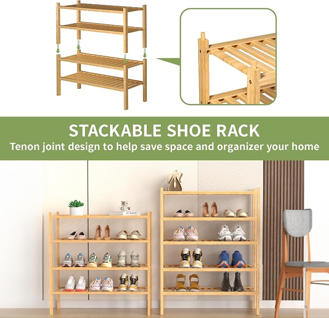 ROMGUAR CRAFT 4 Tier (Thick) Bamboo Shoe Rack for Closet Free Standing Wood Shoe Shelf for Entryway Small Space Stackable 27"x12"x28" (Natural) - Image 4