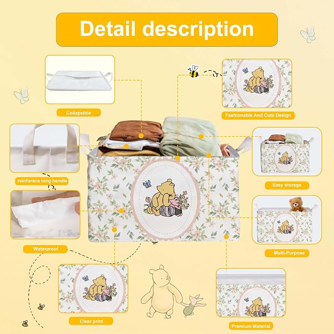 Winnie Nursery Storage Basket With A Waterproof PE Coating,The Pooh Nursery Baby Stuff Storage Baskets Suitable For Bathroom and Bedroom, Foldable Large Canvas Laundry Hamper - Image 3