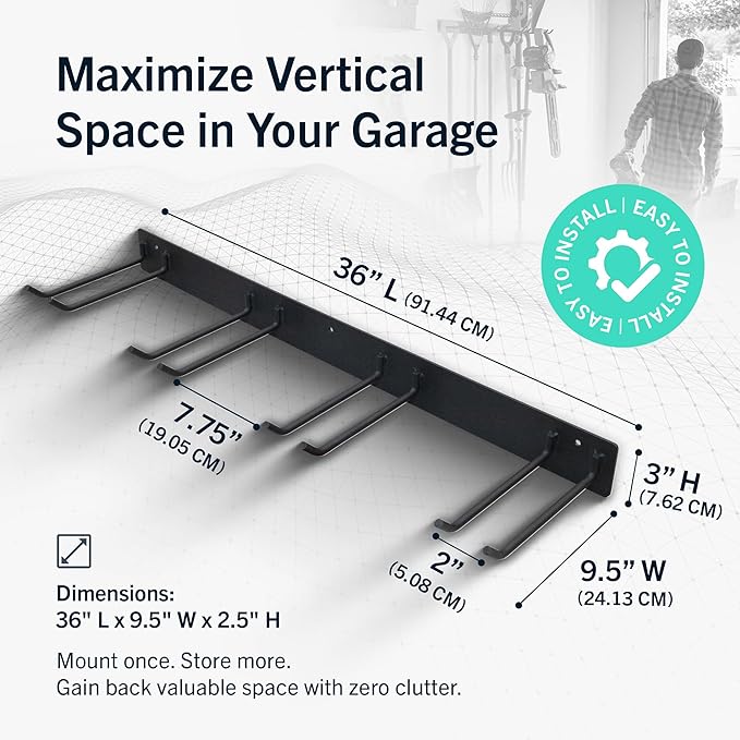 StoreYourBoard 36" Garage Tool Organizer Wall Mount | Garden Tool Organizer System | Heavy Duty Garden Tool Storage Rack for Yard Tools Rakes Shovels 250lbs Garage Organization | 4 PVC Coated Hooks - Image 2