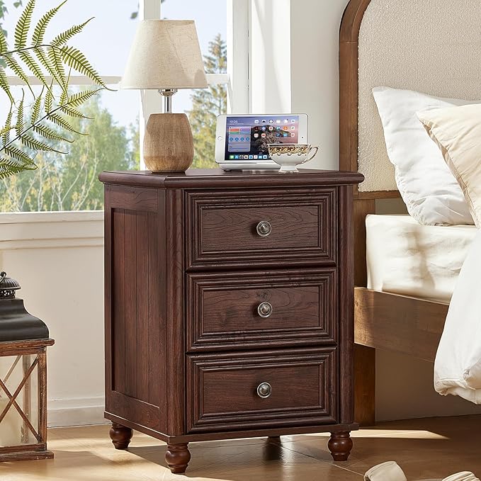 RWYHG 18" Farmhouse Night Stand Set of 2, Walnut Wood Nightstand with 3 Drawers, Bedside End Table with Storage and Roman Column, Bed Side Tables Cabinet for Bedroom, Living Room, and Closet