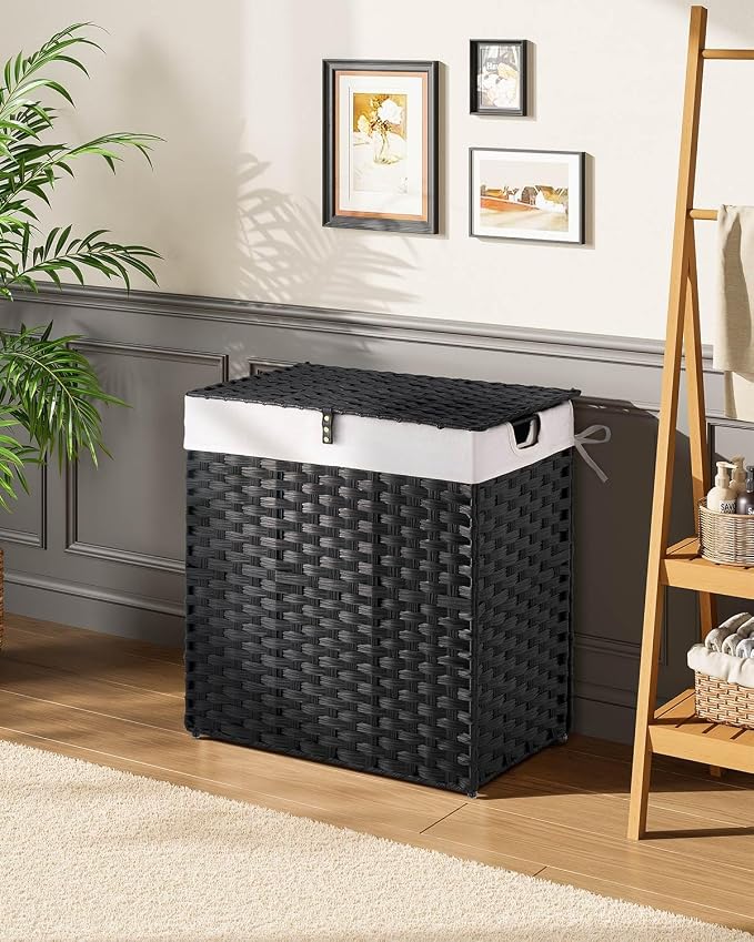 Greenstell Laundry Hamper with lid, No Install Needed, 110L Wicker Laundry Baskets Foldable 2 Removable Liner Bags, 2 Section Clothes Hamper Handwoven Rattan Laundry Basket with Handle, Black - Image 3