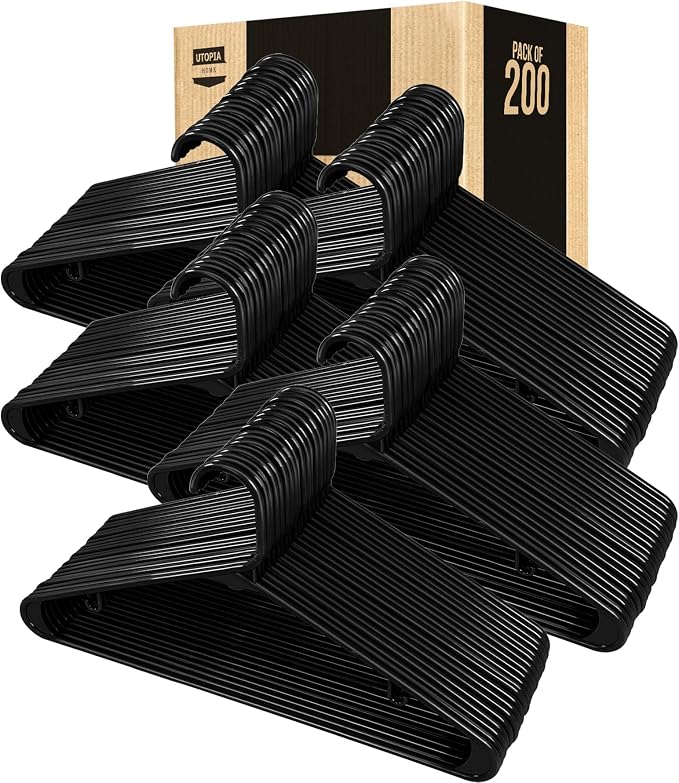 Utopia Home Plastic Hangers 200 Pack - Space Saving Clothes Hanger - Durable & Strong Closet Organizers and Storage with Built-in Strap Hooks - Essential for Shirts, Pants, Skirts & Coats (Black) - Image 7