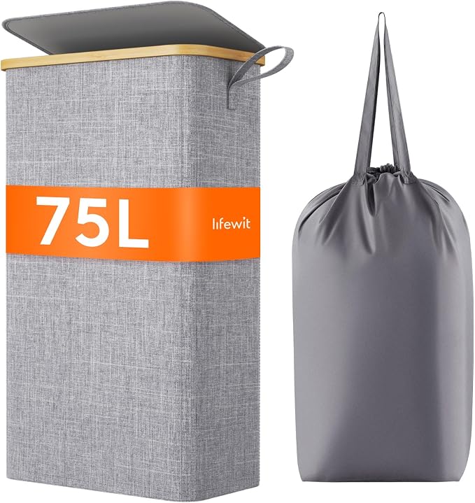 Lifewit 75L Slim Laundry Hamper with Lid, Narrow Laundry Basket with Removable Bag & Bamboo Handles, Fodable Thin Dirty Clothes Hamper for Laundry Collapsible Bin for Bathroom Bedroom Dorm, Gray by Lifewit