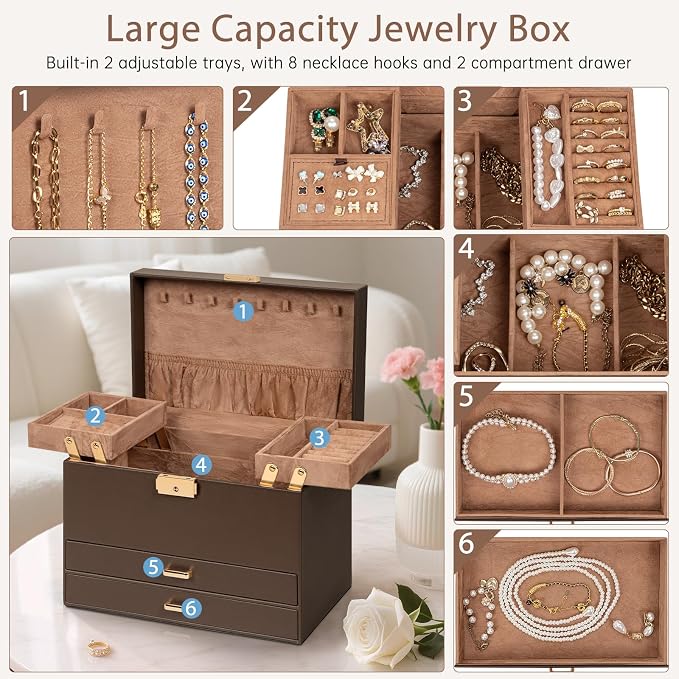 AKOZLIN Travel Jewelry Box Organizer Functional 2-trays Leather Jewelry Storage Case with Lockable Portable 2 Drawers for Women Girls Ring Necklace Earring Bracelet - Image 4