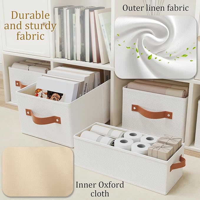 OUTBROS Foldable Wardrobe Organiser, Fabric Storage Bins, Boxes With Handles, For Bedrooms, Living Rooms, Shelves, White, 16.1 x 6.5 x 9.8 inch, 3-Pack - Image 5