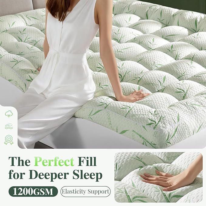 Mattress Topper Viscose Made from Bamboo Pillow Top Mattress Topper,1200 GSM Cooling Mattress Pad,2In Extra Thick Pillow Top for Back Pain with 6"-18" Deep Pocket(Queen,60"x80")